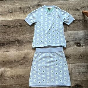 Free Assembly Pale Blue Floral Crewneck Sweater and Skirt